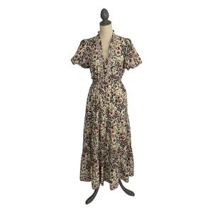 Max Studio London Maxi Dress Womens M Cream Floral Smocked Tiered Boho Prairie